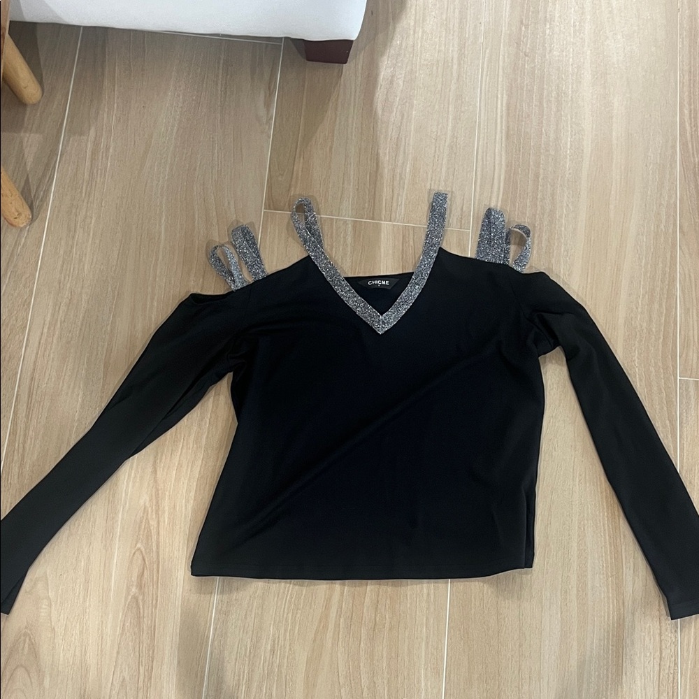 Elegant Black Cold Shoulder Blouse with Silver Accents